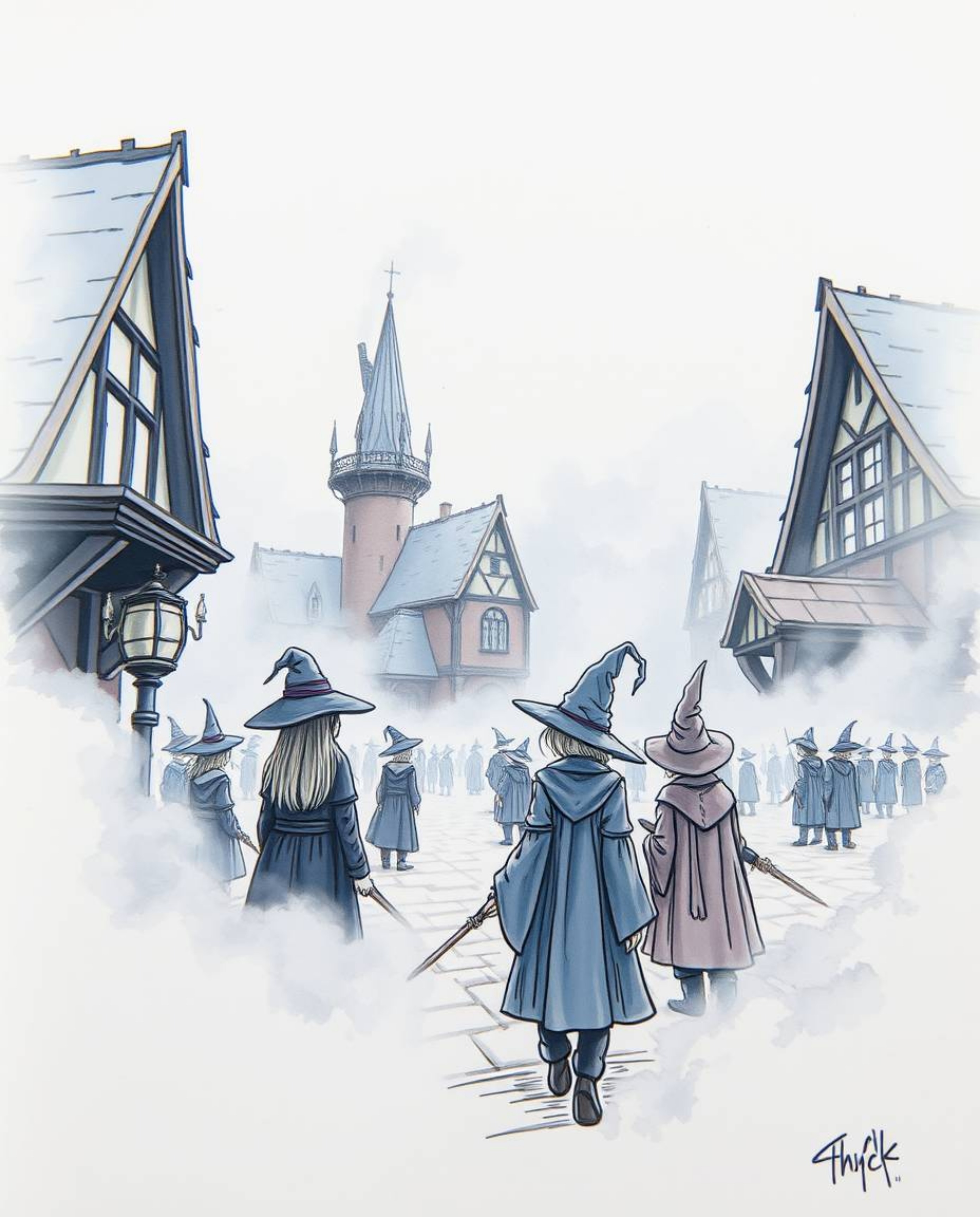 A captivating hand-drawn sketchnote depicts a magical school shrouded in thick fog. The extreme close-up showcases young wiz