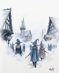 A captivating hand-drawn sketchnote depicts a magical school shrouded in thick fog.  The extreme close-up showcases young wiz