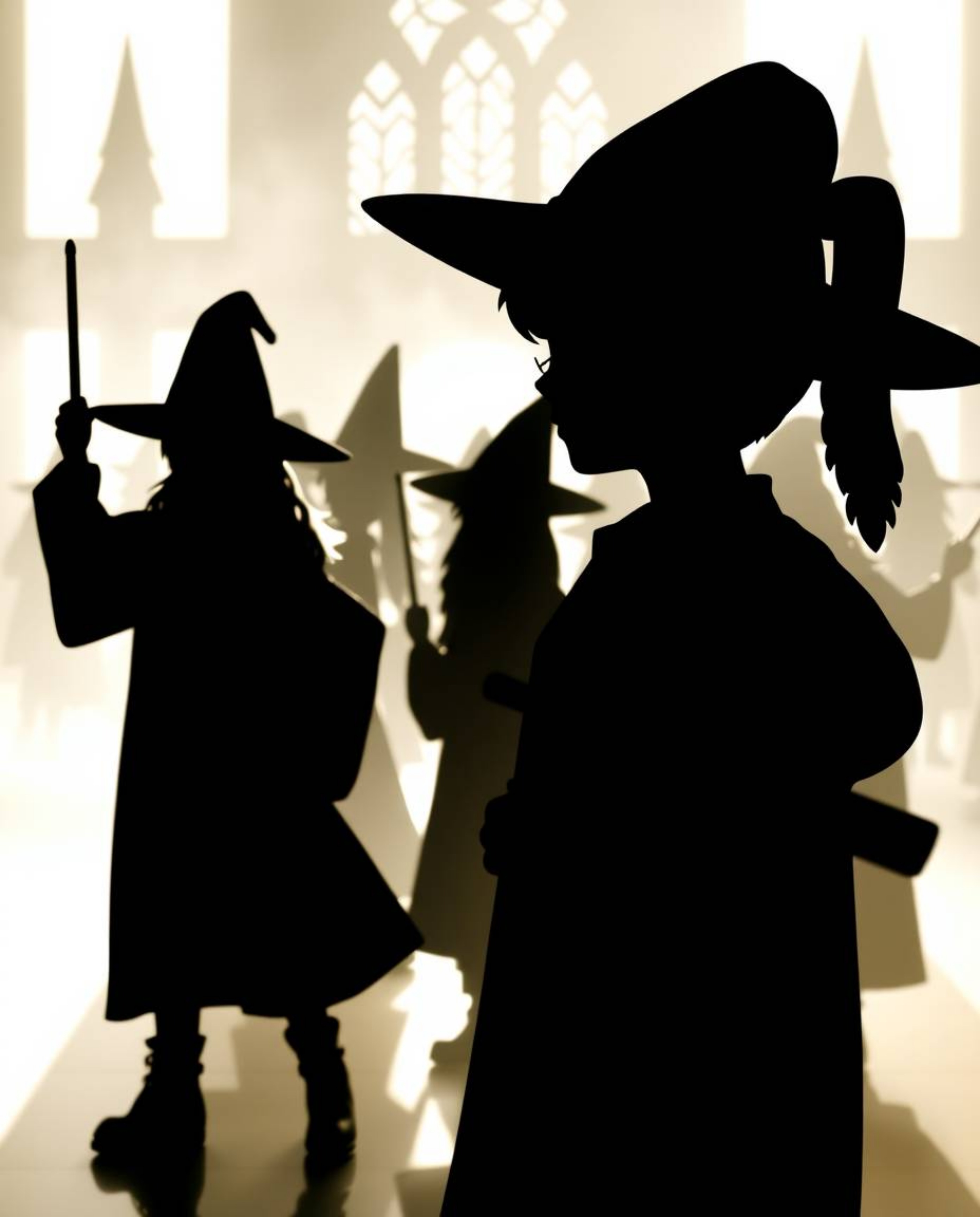 A captivating silhouette image depicts a magical school brimming with young wizards. Backlighting creates a dramatic contras
