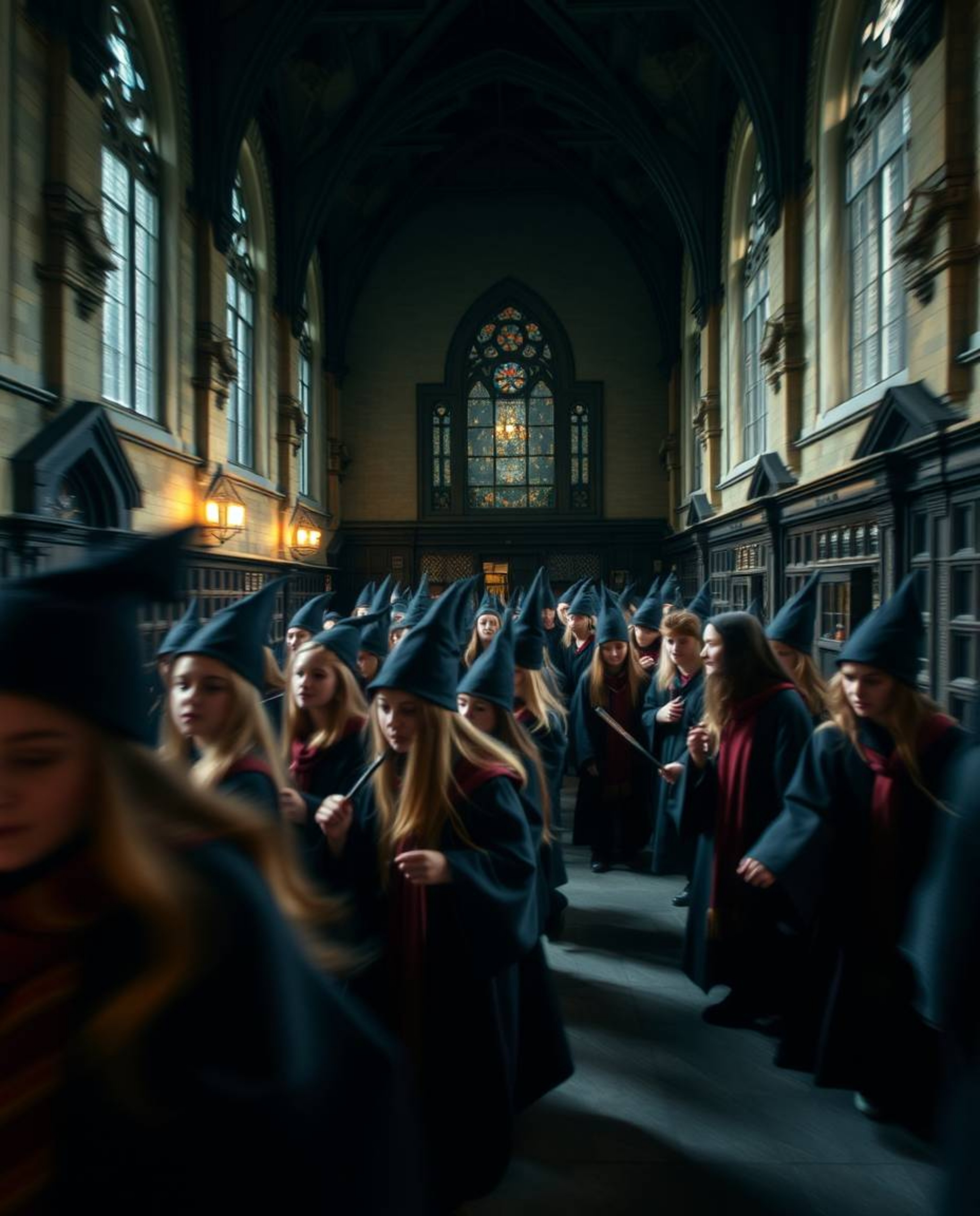 Capture the enchanting atmosphere of a magical school filled with young wizards using long exposure photography techniques.  