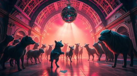 A captivating architectural photograph showcases an otherworldly animal dance party.  Disco lights illuminate the scene withi