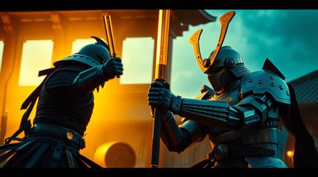 Experience a breathtaking cinematic vision of a samurai battling a robot in a dystopian world. This architectural color photo