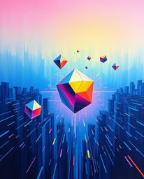 A bold acrylic painting showcases smoothly transitioning gradients, depicting glitched geometric shapes floating within a cyb