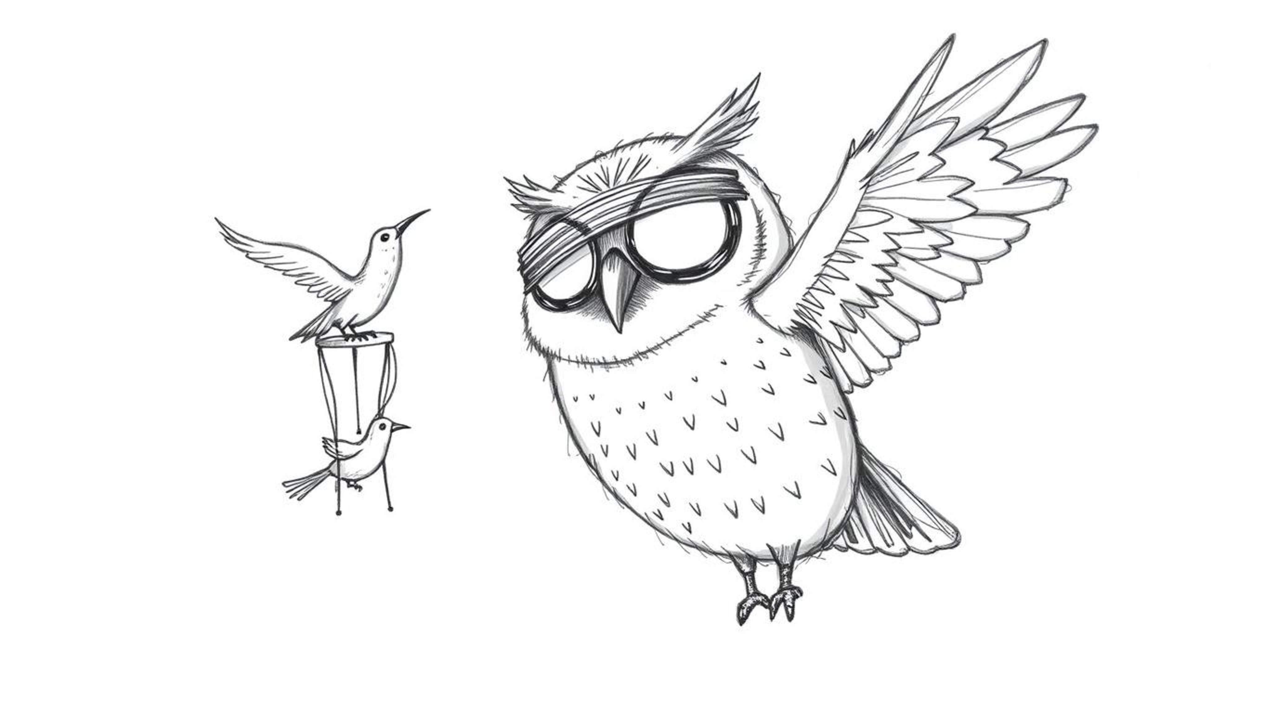 A heartwarming hand-drawn sketch depicts a blind owl with large, expressive eyes, ingeniously teaching birds how to fly. Rend