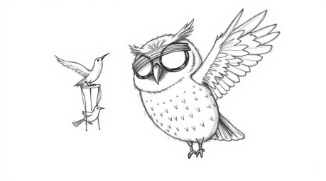 A heartwarming hand-drawn sketch depicts a blind owl with large, expressive eyes, ingeniously teaching birds how to fly. Rend