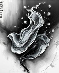 A stunning classic black and white oil painting captures the essence of movement with glassy fluid 3D shapes in constant moti