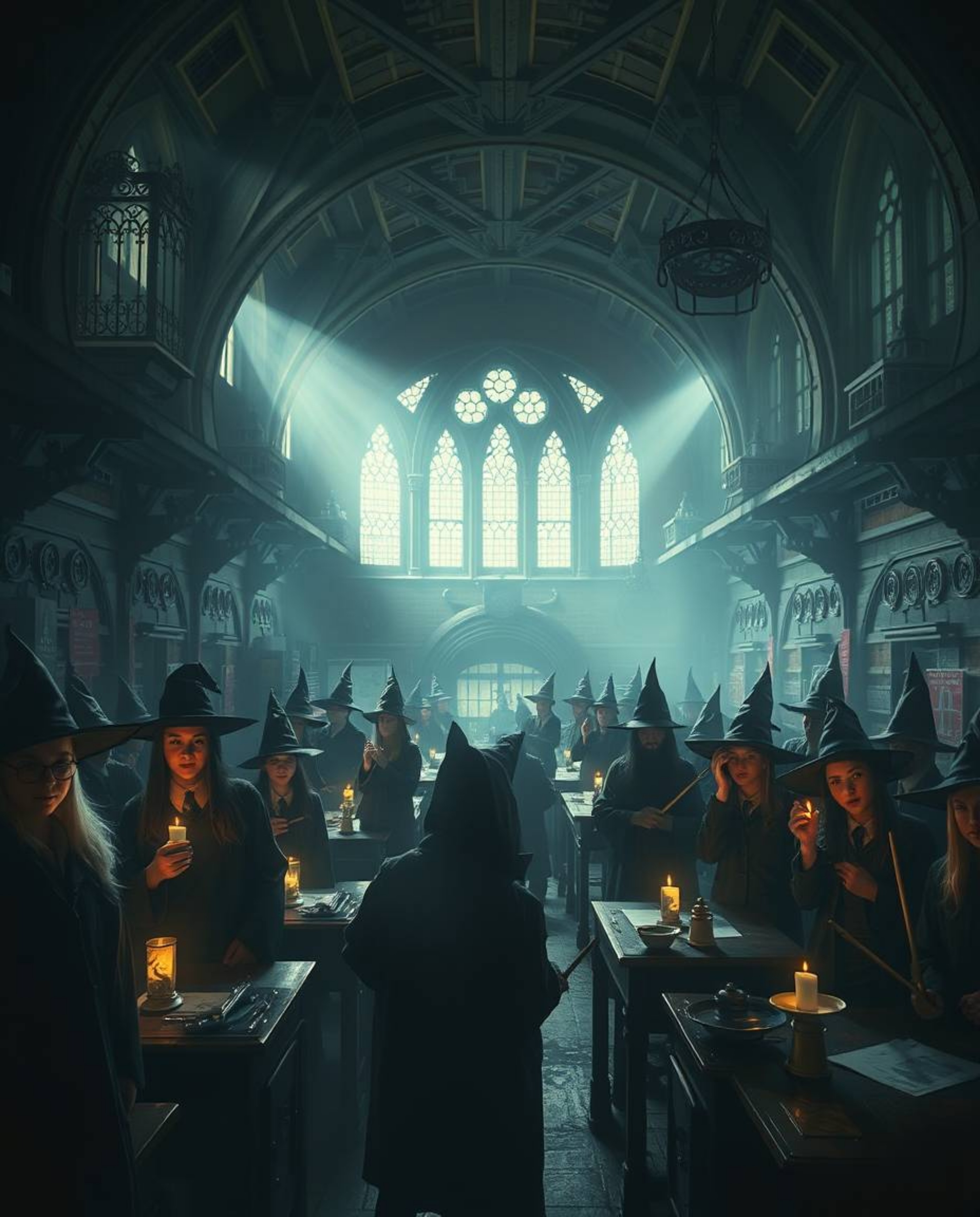Imagine a magical school teeming with young wizards, bathed in a soft, ethereal light that paradoxically amplifies an eerie a
