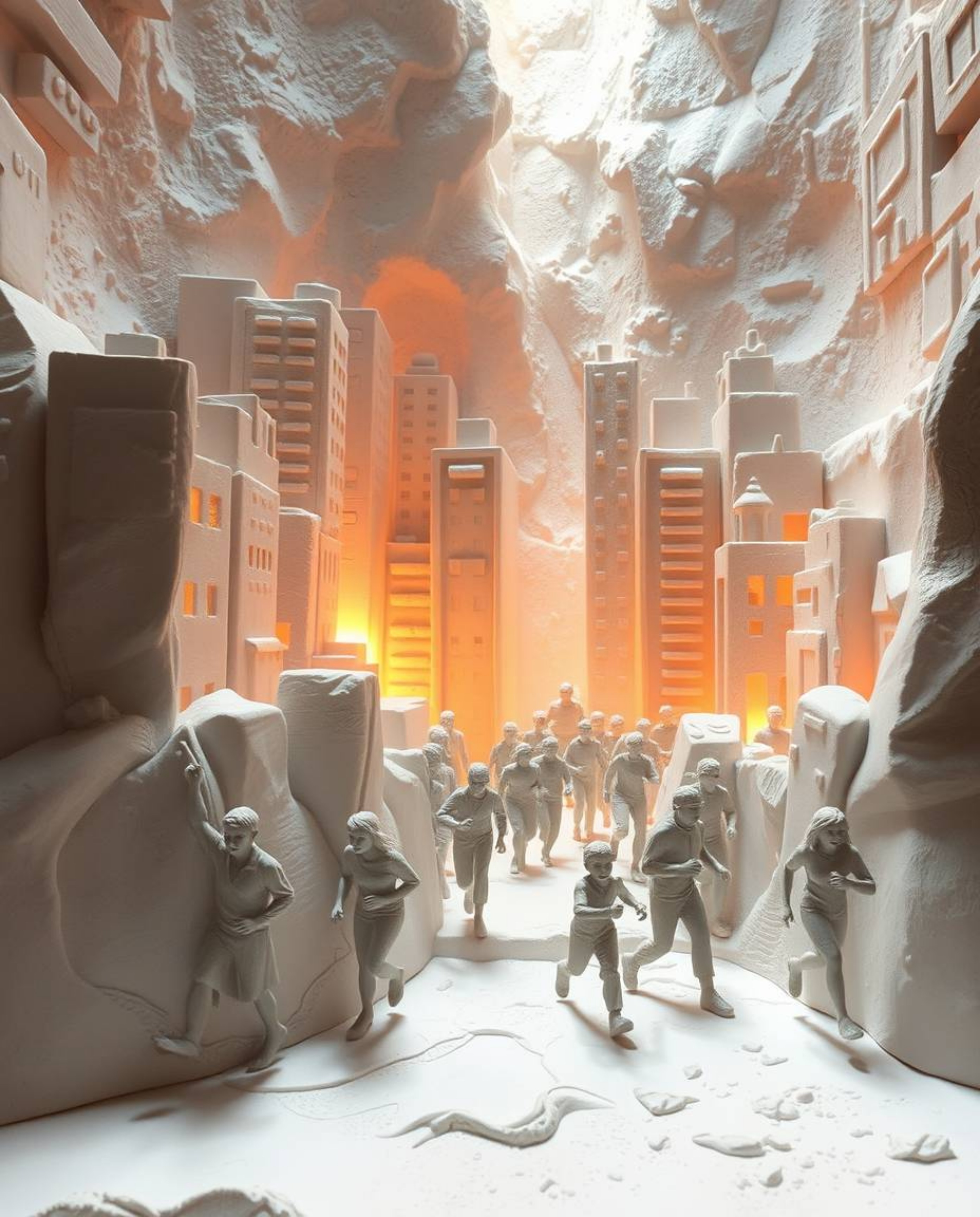 This sculptural clay art piece depicts a city engulfed in flames, with people running in all directions.  The artist uses gen