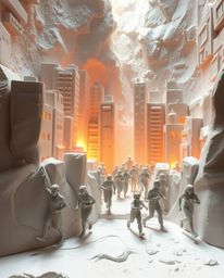 This sculptural clay art piece depicts a city engulfed in flames, with people running in all directions.  The artist uses gen