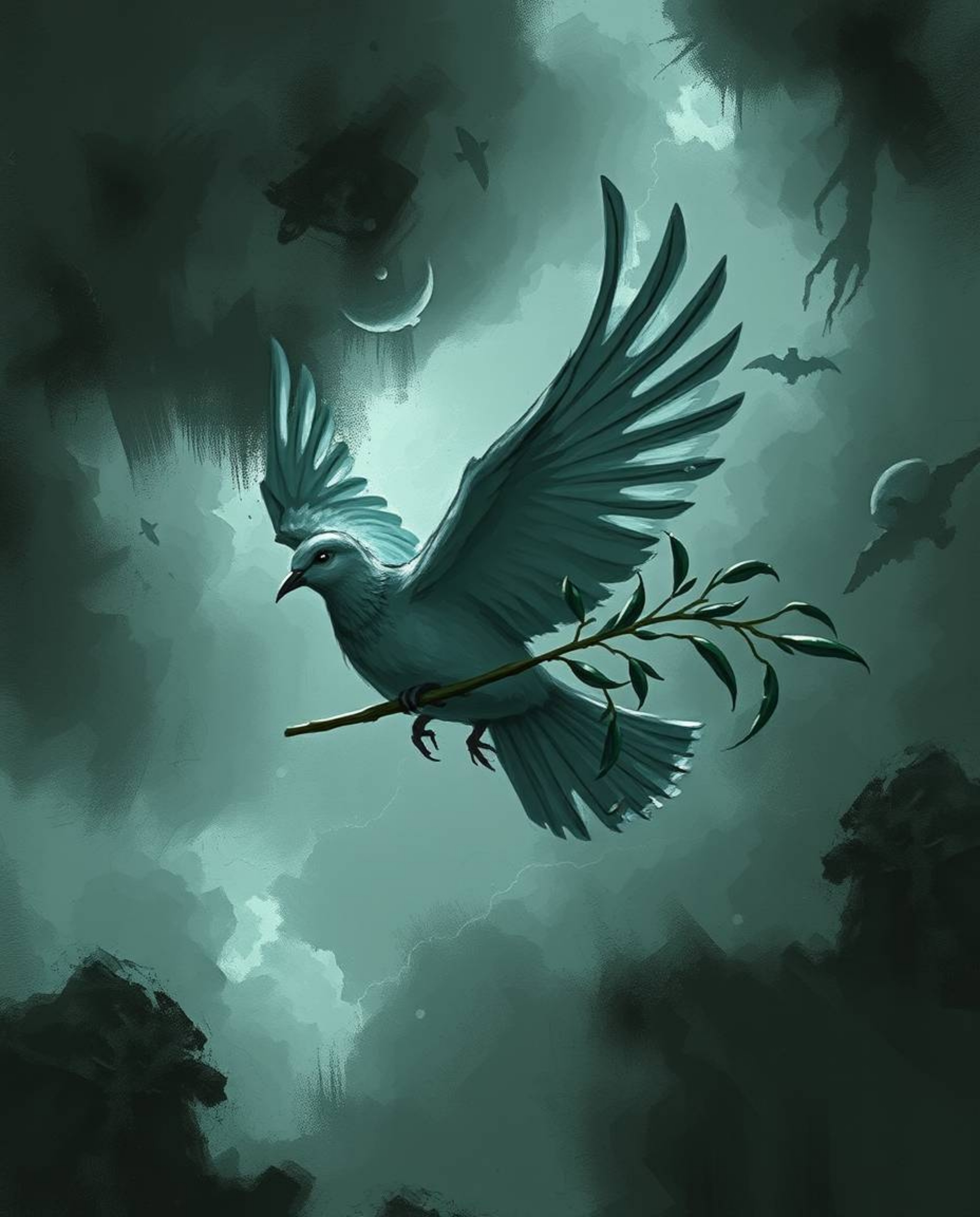 A captivating digital painting depicts a dove carrying an olive branch amidst a stormy sky.  The piece features rough, dynami
