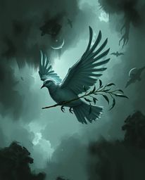 A captivating digital painting depicts a dove carrying an olive branch amidst a stormy sky.  The piece features rough, dynami
