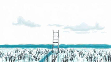A minimalist scene featuring a silver ladder standing in an open field under a wide, cloudy sky evokes an abstract metaphor f