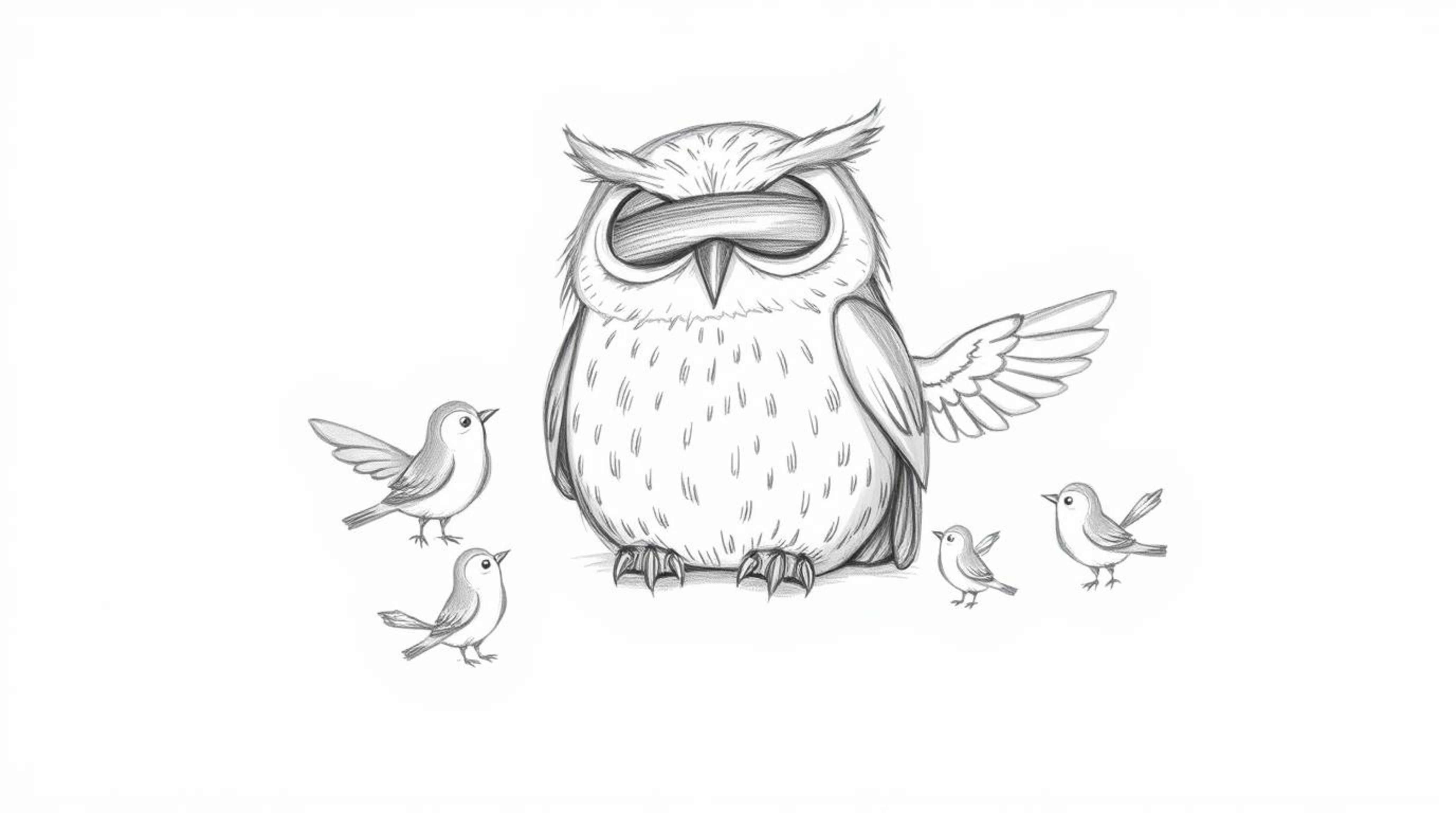 A hand-drawn pencil sketch depicts a blind owl in a Pixar-esque style against a white background. The owl rests peacefully wh