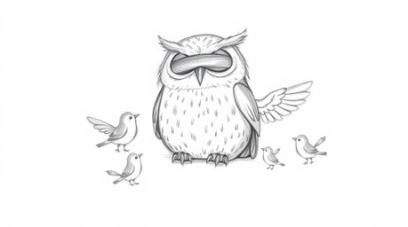 A hand-drawn pencil sketch depicts a blind owl in a Pixar-esque style against a white background. The owl rests peacefully wh