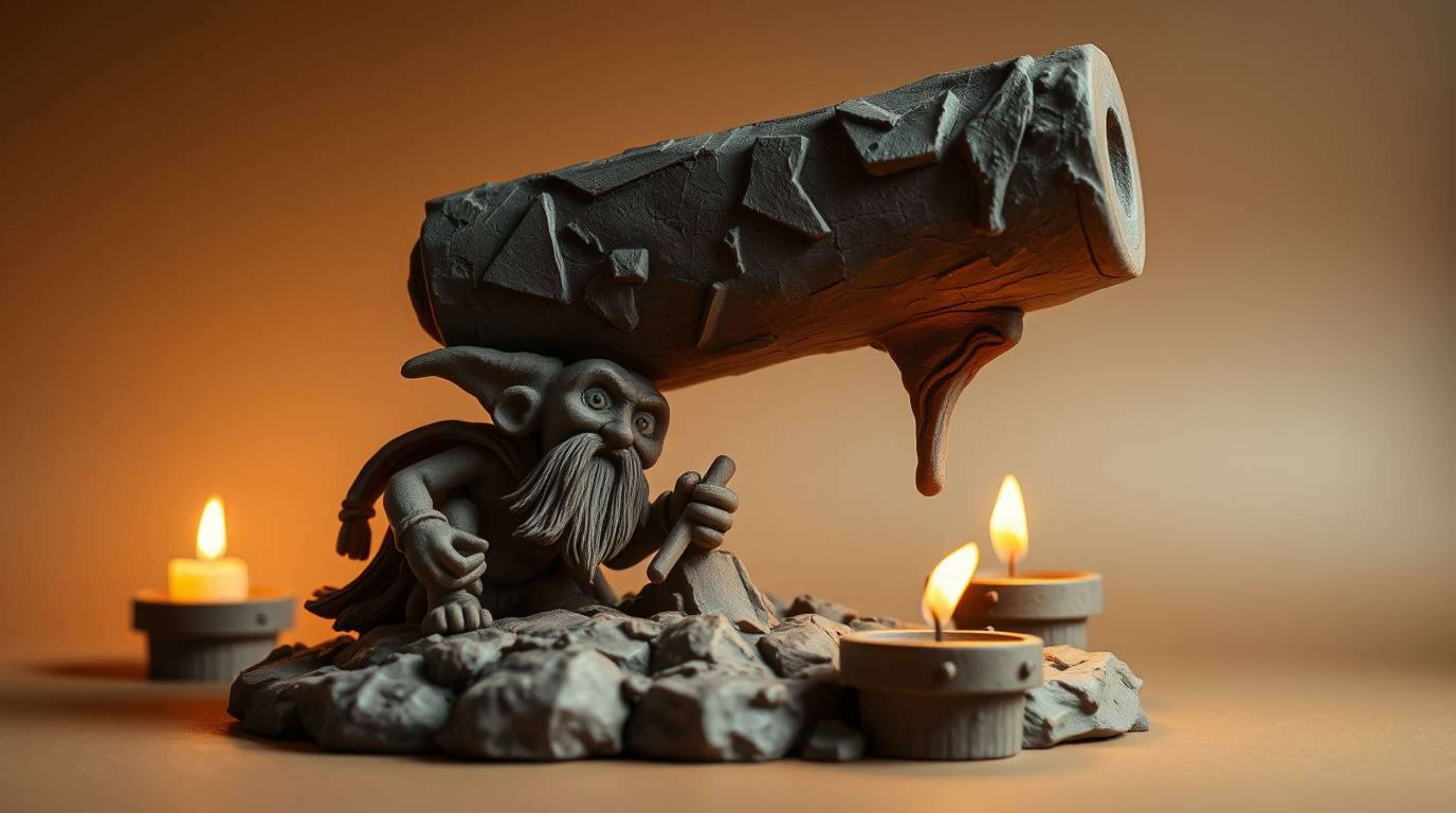 A stunning piece of sculptural clay art depicting a pivotal moment – an anvil poised to drop on a trickster character.  The a