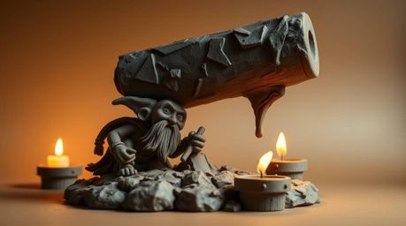 A stunning piece of sculptural clay art depicting a pivotal moment – an anvil poised to drop on a trickster character.  The a