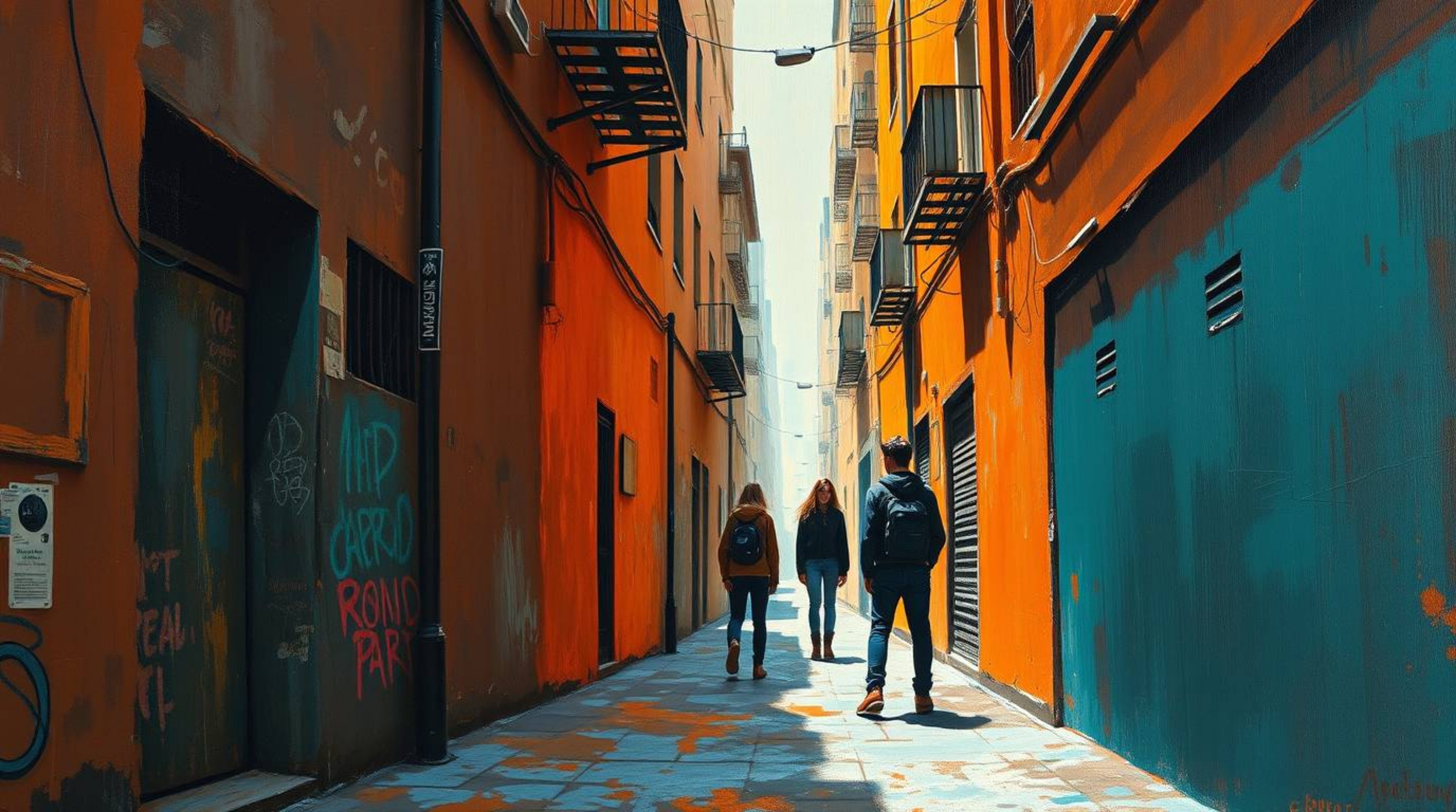 A captivating oil painting depicts a grungy city alley teeming with rebellious teenagers.  The artwork showcases a striking c