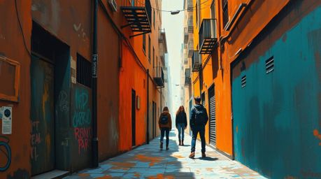 A captivating oil painting depicts a grungy city alley teeming with rebellious teenagers.  The artwork showcases a striking c