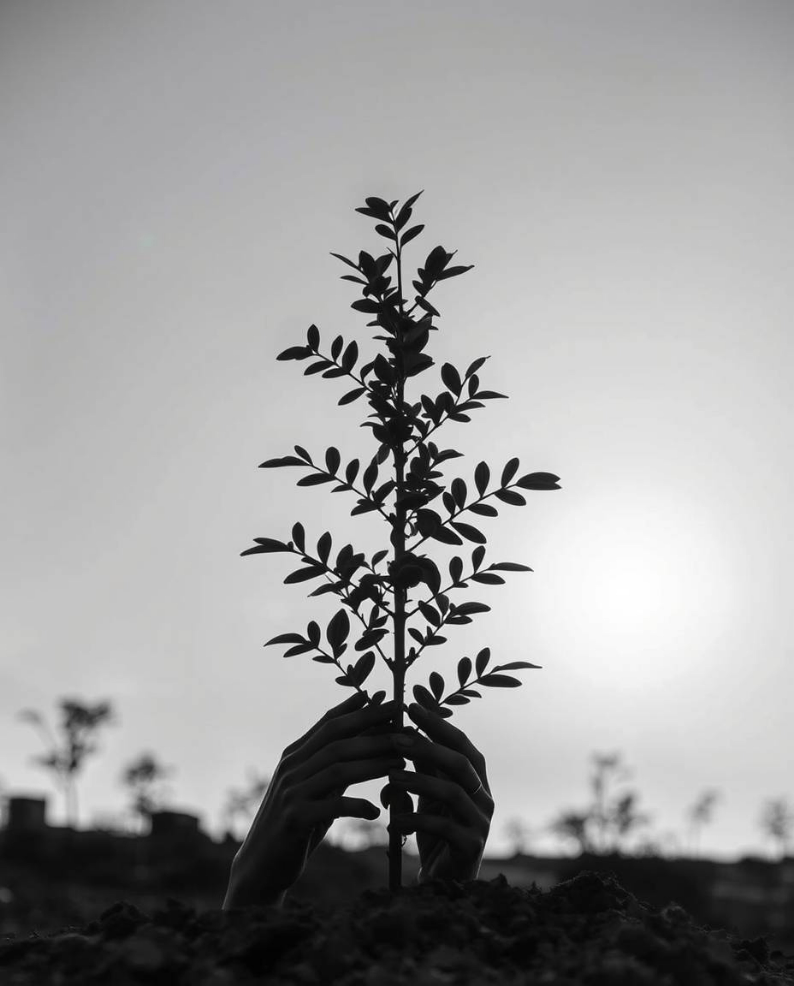 A stunning black and white fine art photograph depicts hands gently planting a tree under a breathtaking golden sky.  The sof