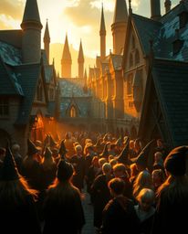 Experience the enchanting beauty of a magical school bathed in the soft, golden light of either sunrise or sunset. Young wiza
