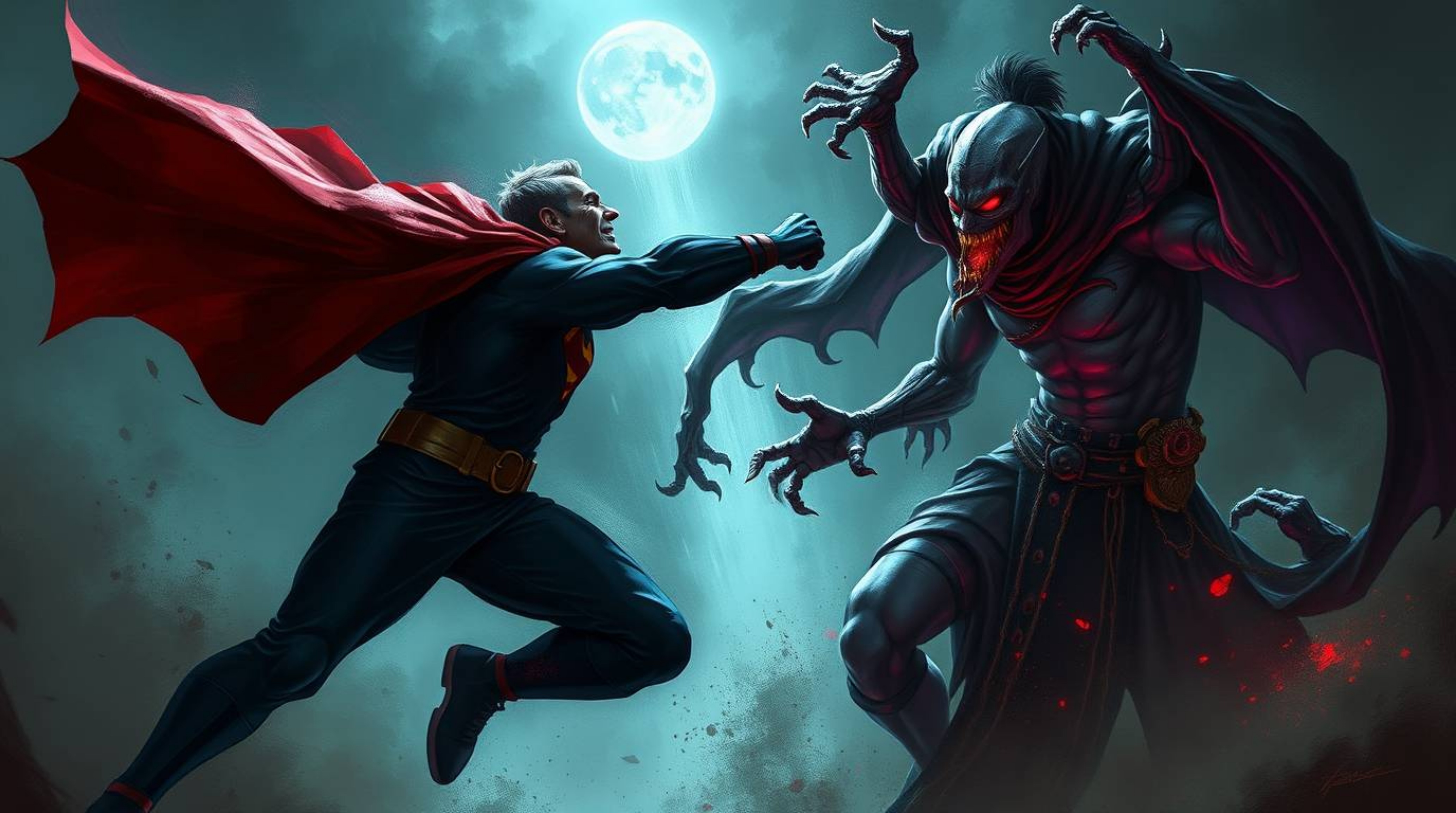 A captivating digital painting showcases a superhero, clad in a cape, engaged in a dramatic battle against a comical villain.