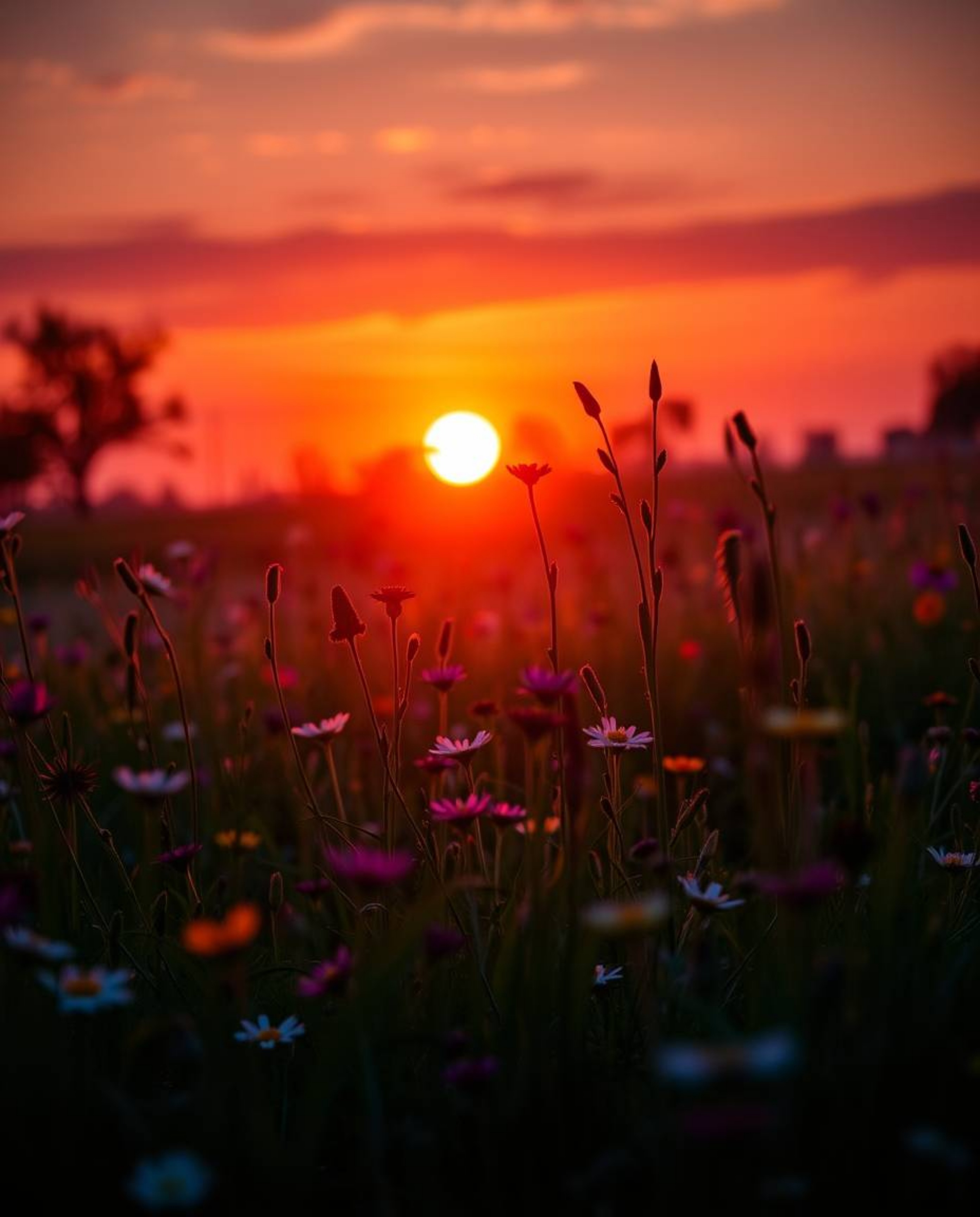 A high-contrast image of a spring wildflower meadow at sunset, designed to evoke a dreamy atmosphere. The scene is characteri