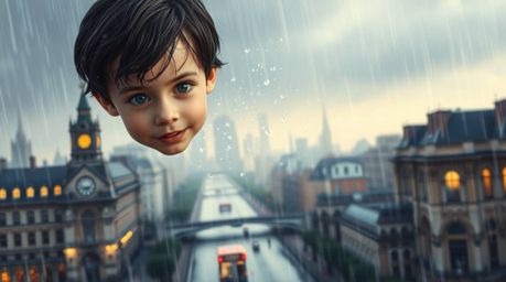 A young boy with dark, wet hair takes flight above a rain-soaked London, powered by magical pixie dust.  Reflected light and 