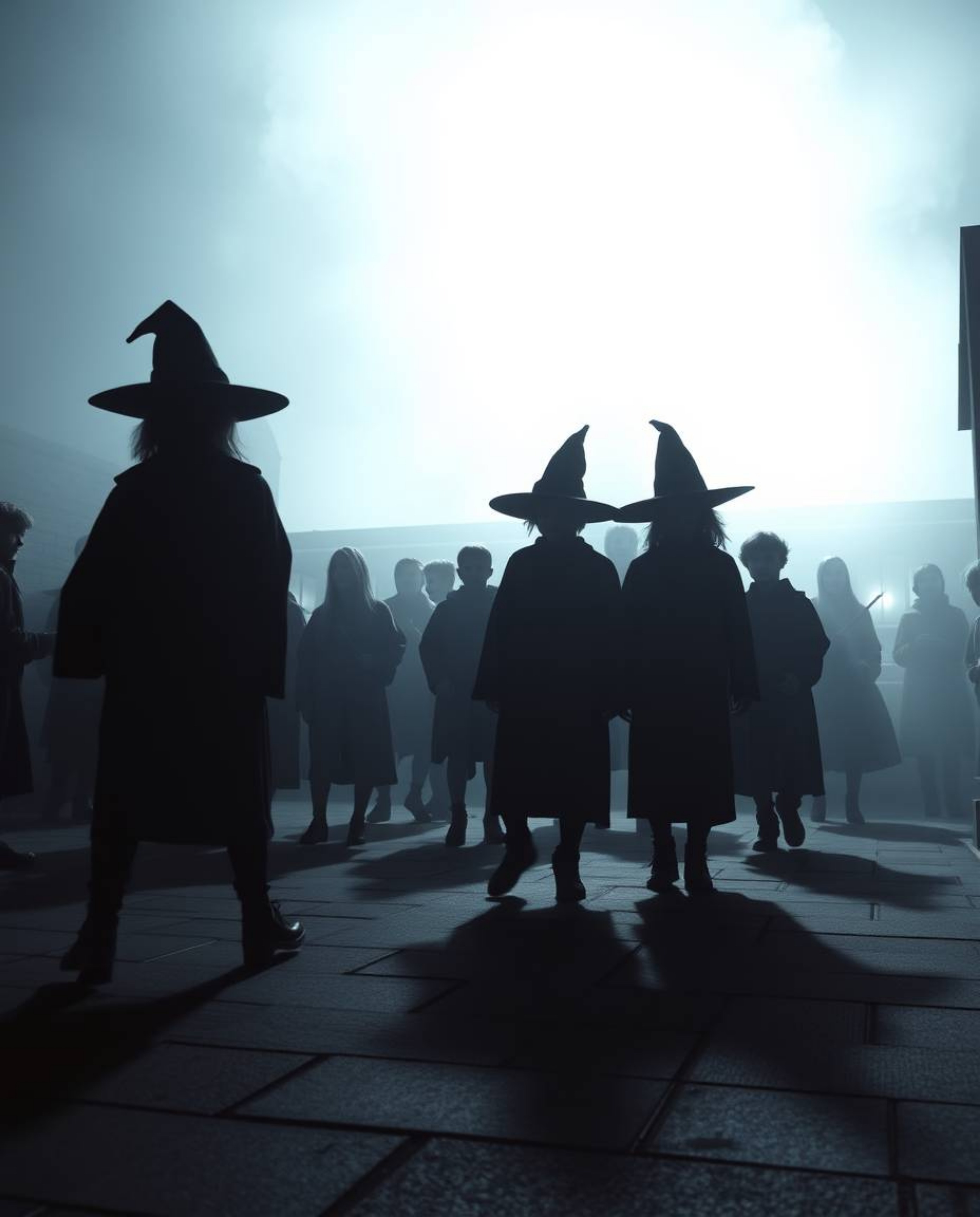 Imagine a breathtaking scene: young wizards silhouetted against the backdrop of a magical school, illuminated by an otherworl