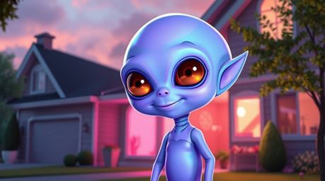 An image of an adorable alien with charming features, happily residing in a suburban house, brought to life in vibrant electr