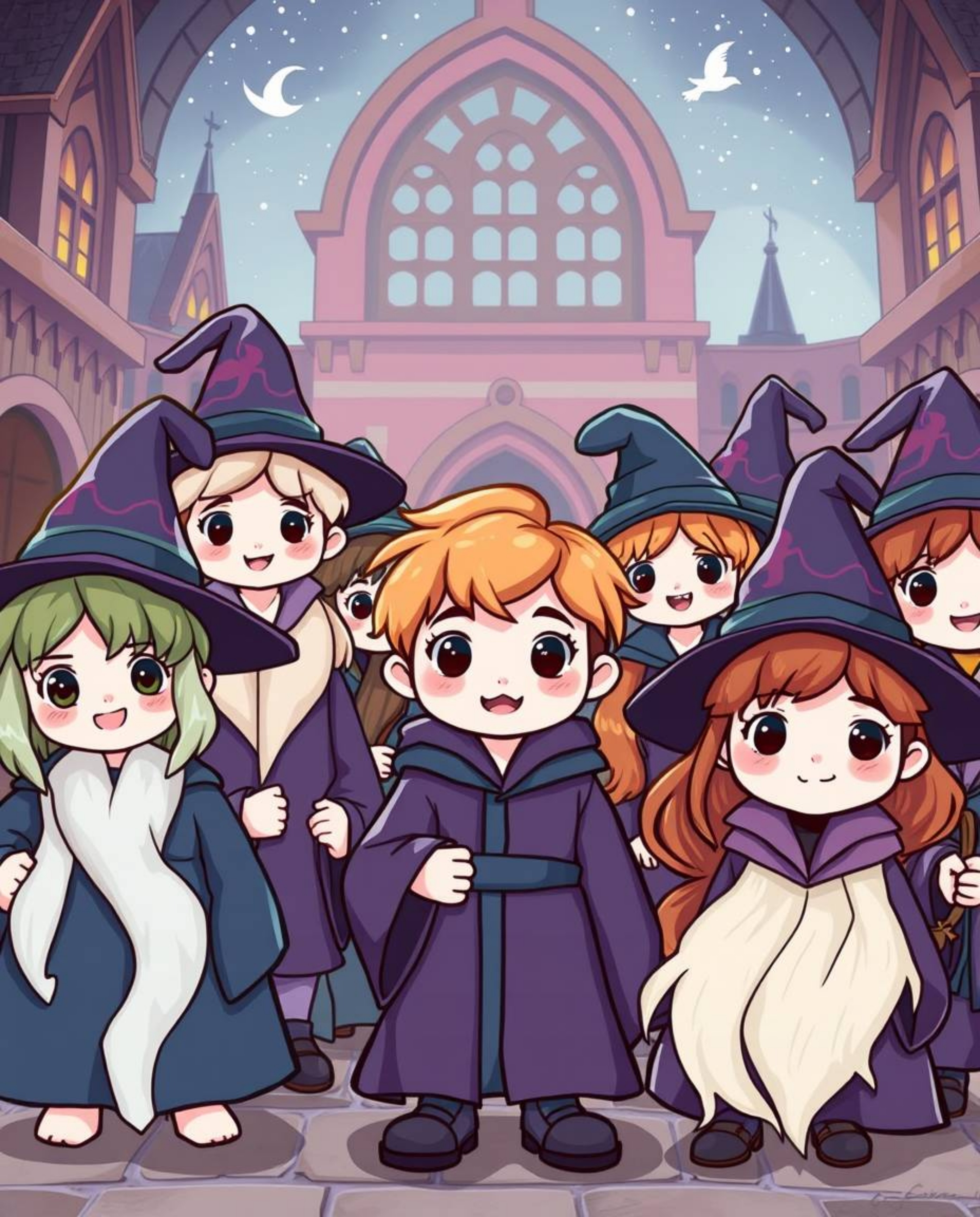 This adorable and charming image showcases a magical school brimming with young wizards, their cute facial features adding to