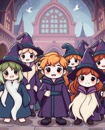 This adorable and charming image showcases a magical school brimming with young wizards, their cute facial features adding to