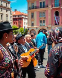 Capture the energy of a spontaneous musical number in a bright town square. This candid street photography showcases iridesce