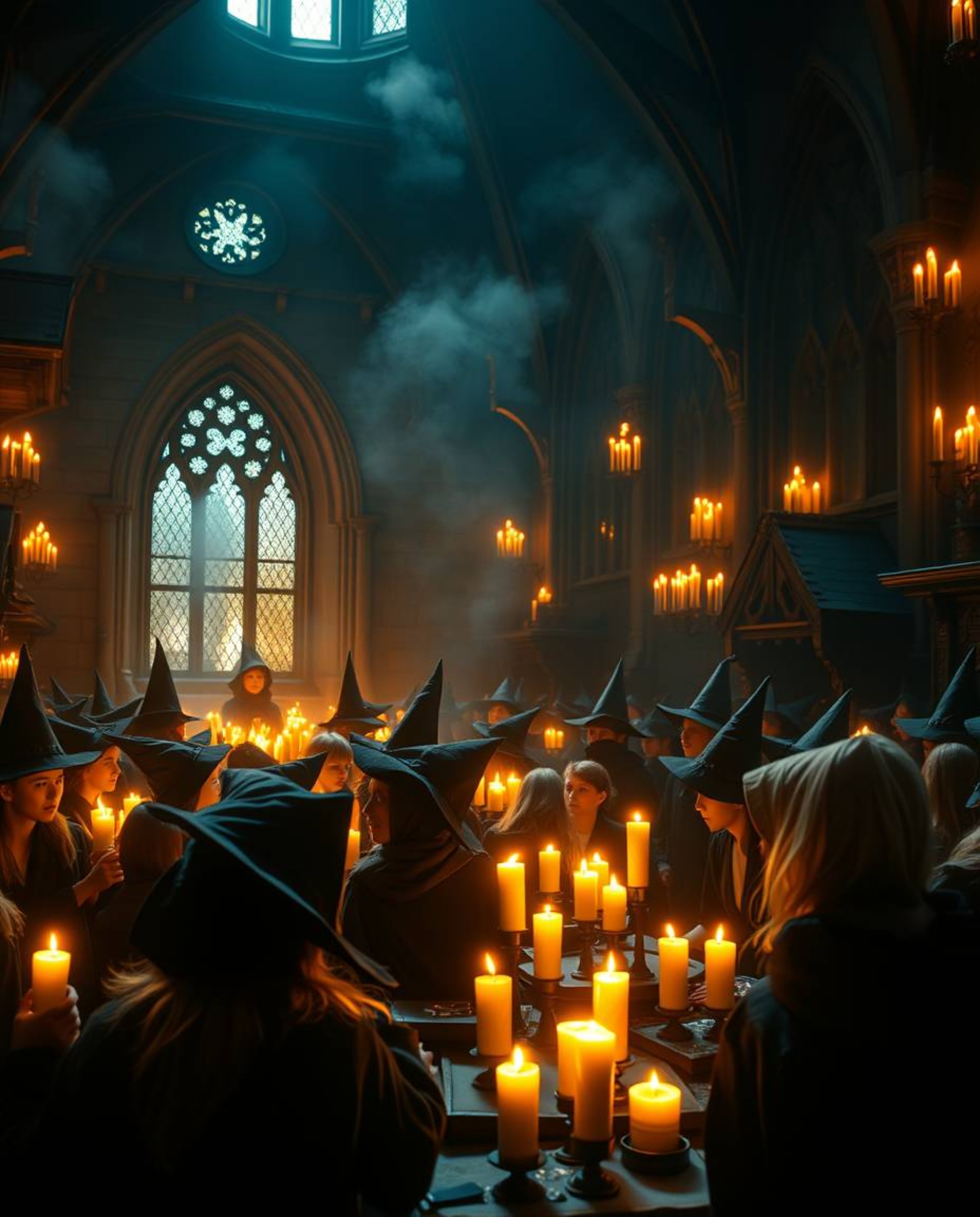 Immerse yourself in a magical school brimming with young wizards, bathed in a warm, golden glow from flickering candlelight. 