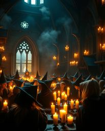 Immerse yourself in a magical school brimming with young wizards, bathed in a warm, golden glow from flickering candlelight. 