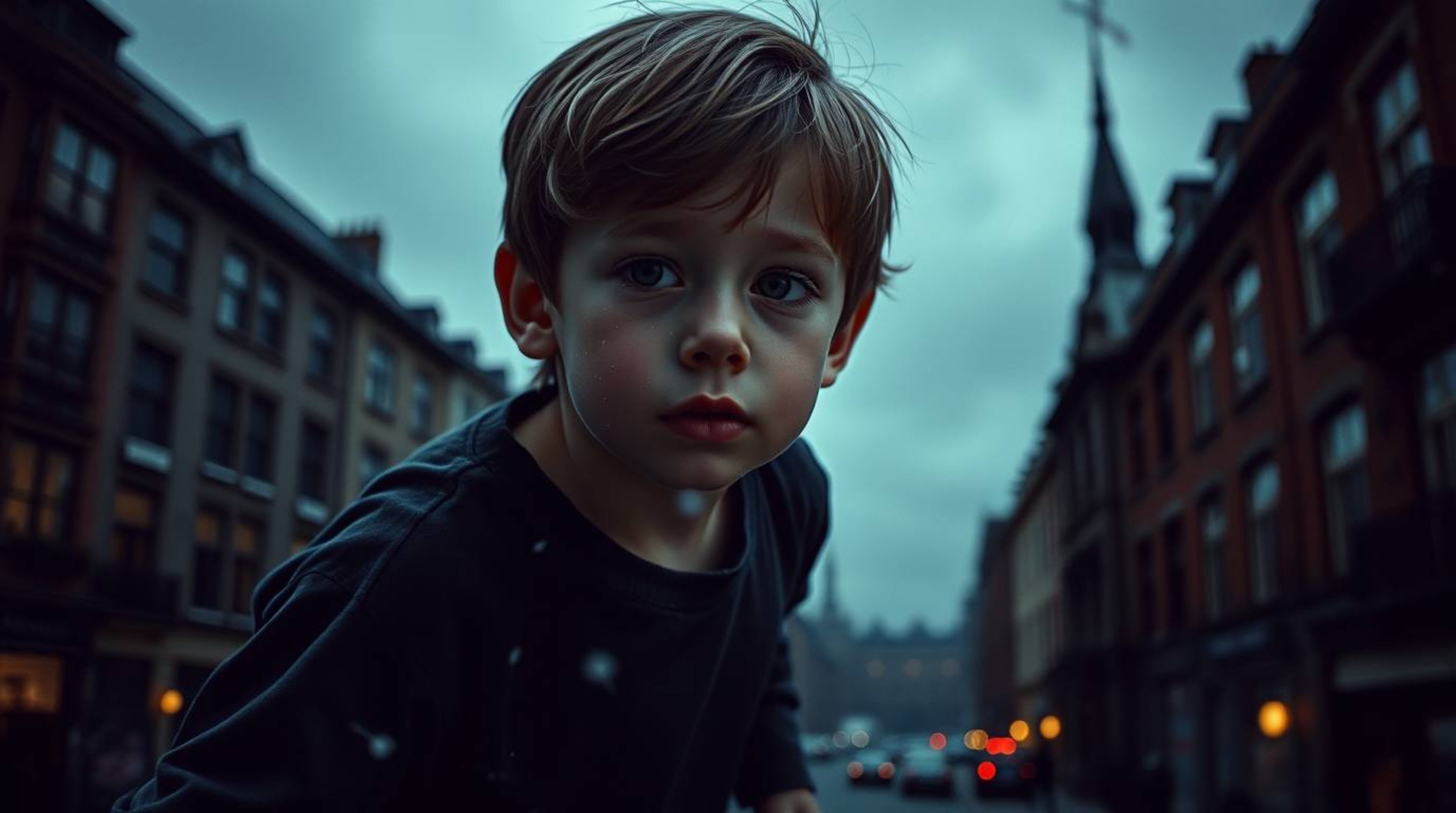 A captivating image depicting a young boy with fair skin and charming features, seemingly levitating above a dark and eerie L