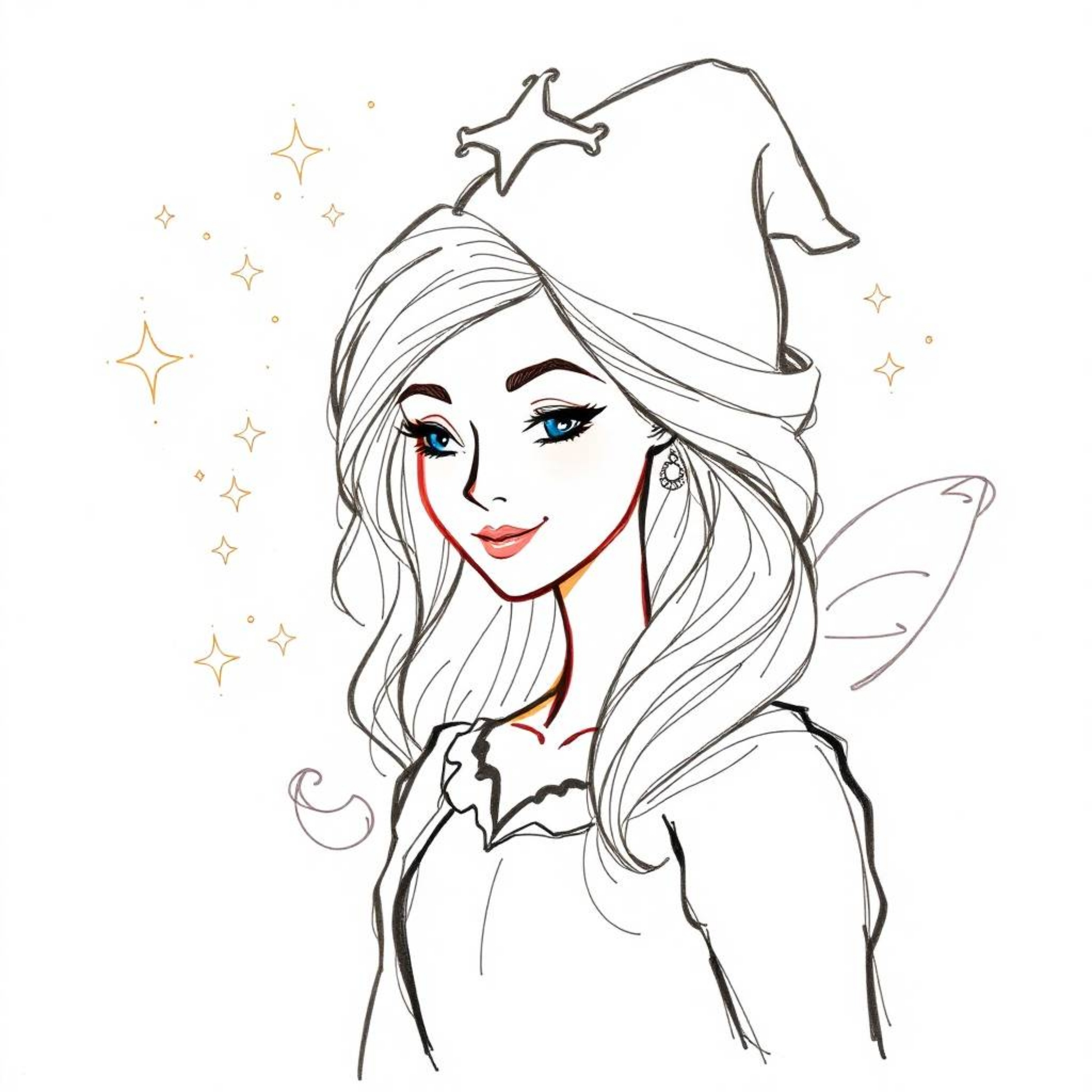 A graceful and elegant fairy godmother, depicted in a vibrant color sketchnote style, emerges from a mesmerizing swirl of spa
