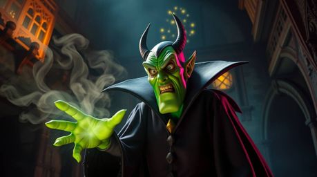 A captivating digital painting depicts a classic Disney villain with striking green skin, casting a spell within an ancient c