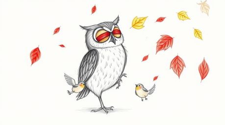 A heartwarming hand-drawn sketch in Pixar style depicts a blind owl with expressive features gently guiding small birds in a 
