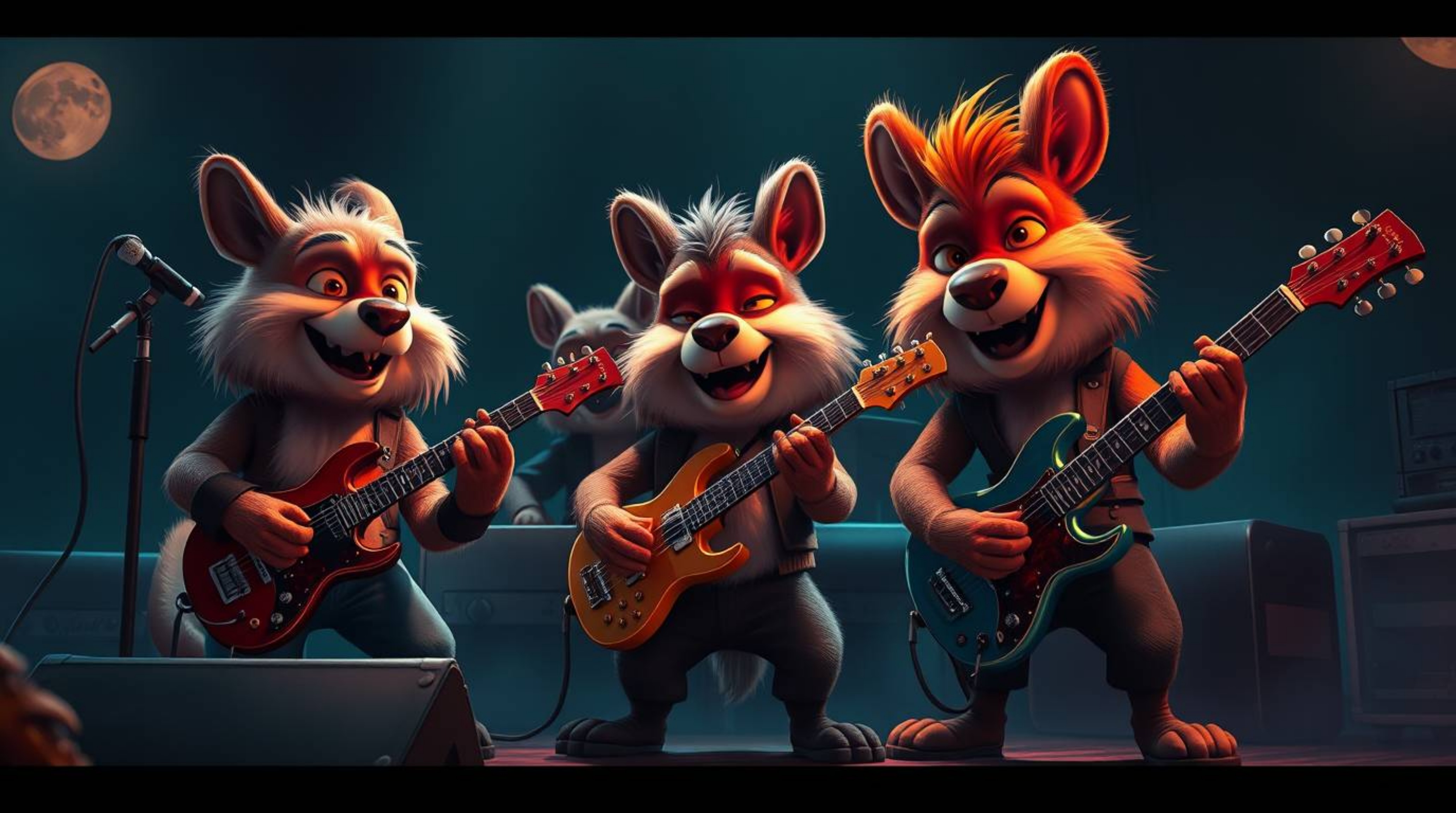 A captivating digital painting showcases a cartoon animal band rocking out!  This cinematic artwork boasts rich teal tones, f