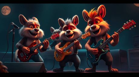A captivating digital painting showcases a cartoon animal band rocking out!  This cinematic artwork boasts rich teal tones, f