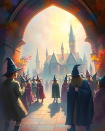 A dreamy and soft painting depicts a magical school brimming with young wizards.  Vibrant pastel hues, a hazy atmosphere, and