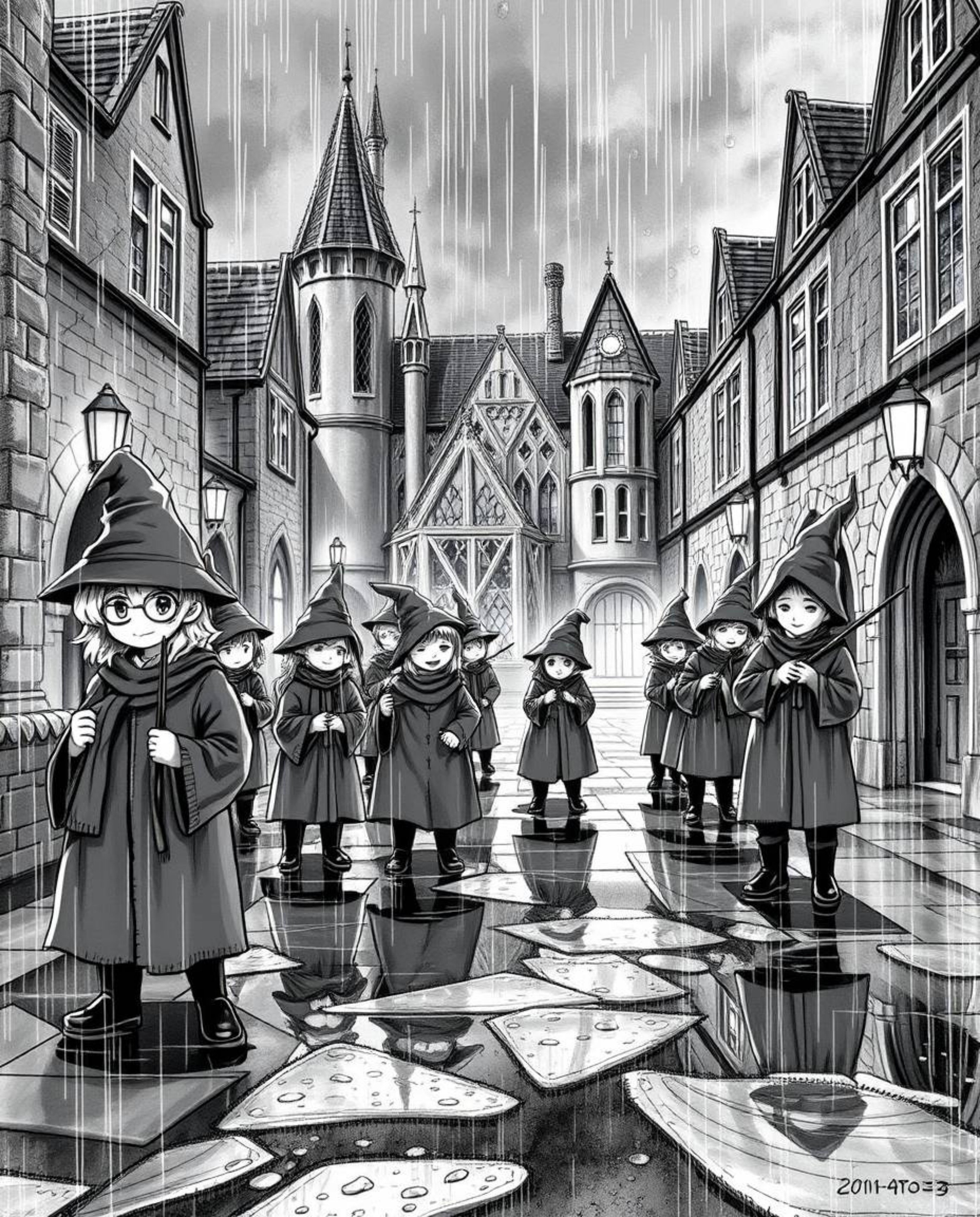 Step into a classic black and white depiction of a magical school brimming with young wizards.  The scene is set on a wet, ra