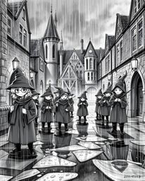 Step into a classic black and white depiction of a magical school brimming with young wizards.  The scene is set on a wet, ra