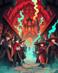 Explore an isekai anime world brought to life with a warm terracotta and cool teal color palette.  Imagine a magical school f