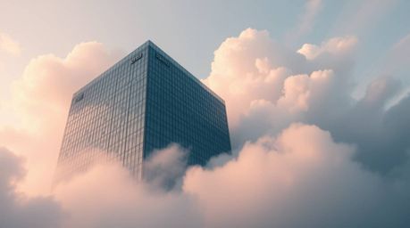 Explore dreamlike and surreal imagery featuring a modern glass building dissolving into the sky, its structure seamlessly ble