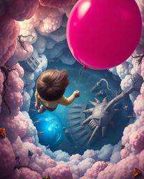 A dreamlike, surreal image captured from a high-angle perspective showcases a child holding a balloon, gazing down into a fan