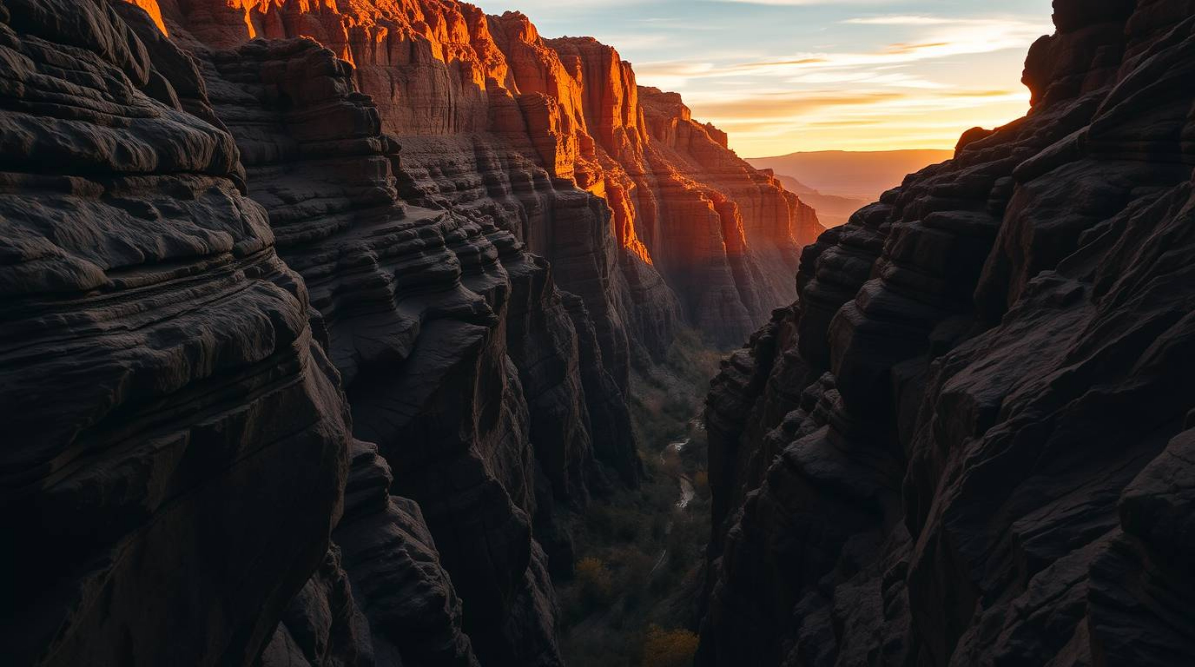 Capture the dramatic beauty of a rocky canyon bathed in warm sunset hues. This image features high-contrast, low-key lighting