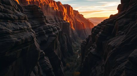 Capture the dramatic beauty of a rocky canyon bathed in warm sunset hues. This image features high-contrast, low-key lighting
