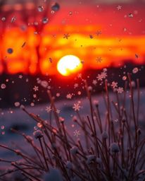 This image captures the serene beauty of snowflakes falling during a vibrant sunset, rendered in a palette of natural earth t