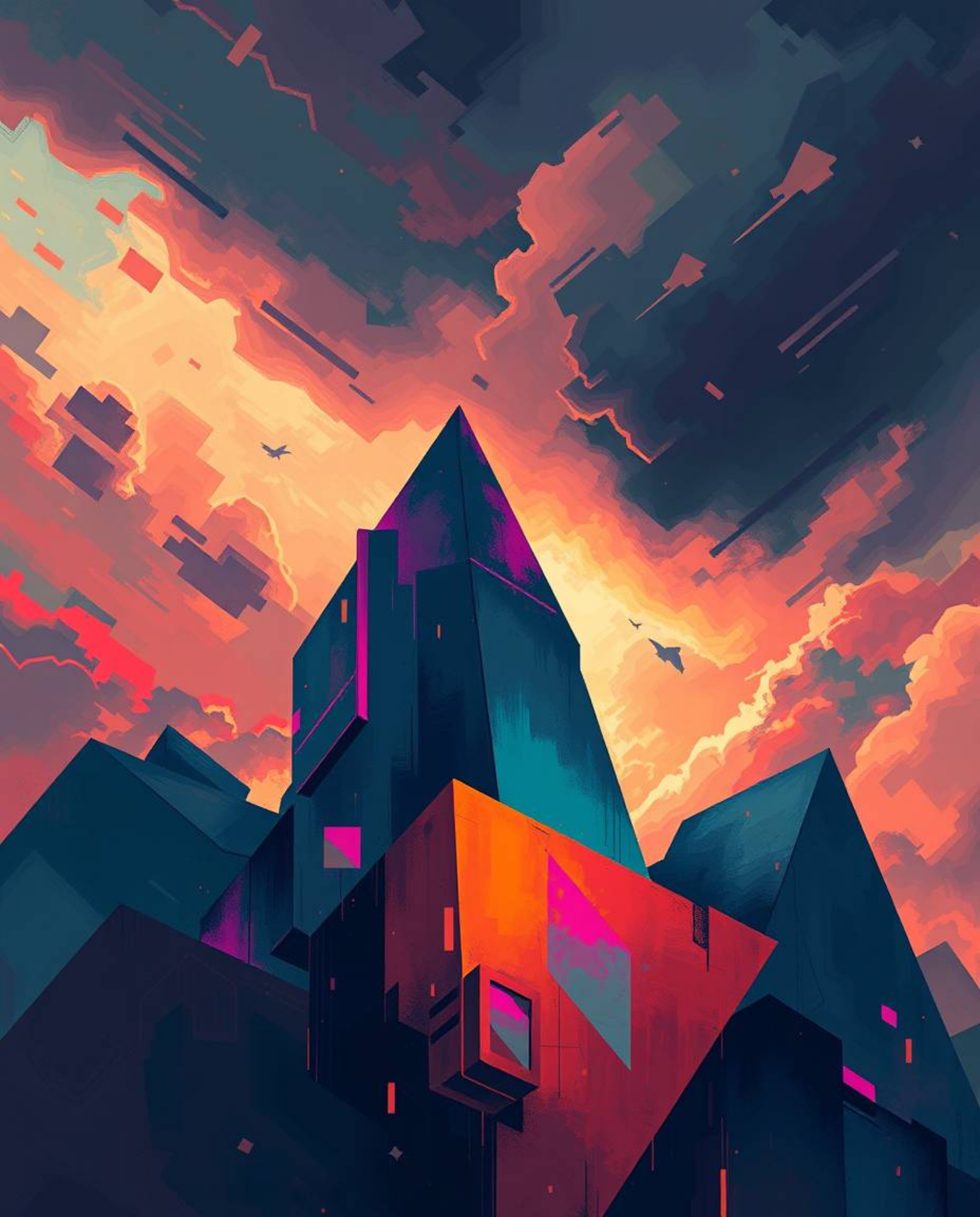 This striking digital painting features abstract shapes disrupted by glitch effects, fragmentation, and scanlines. Set agains